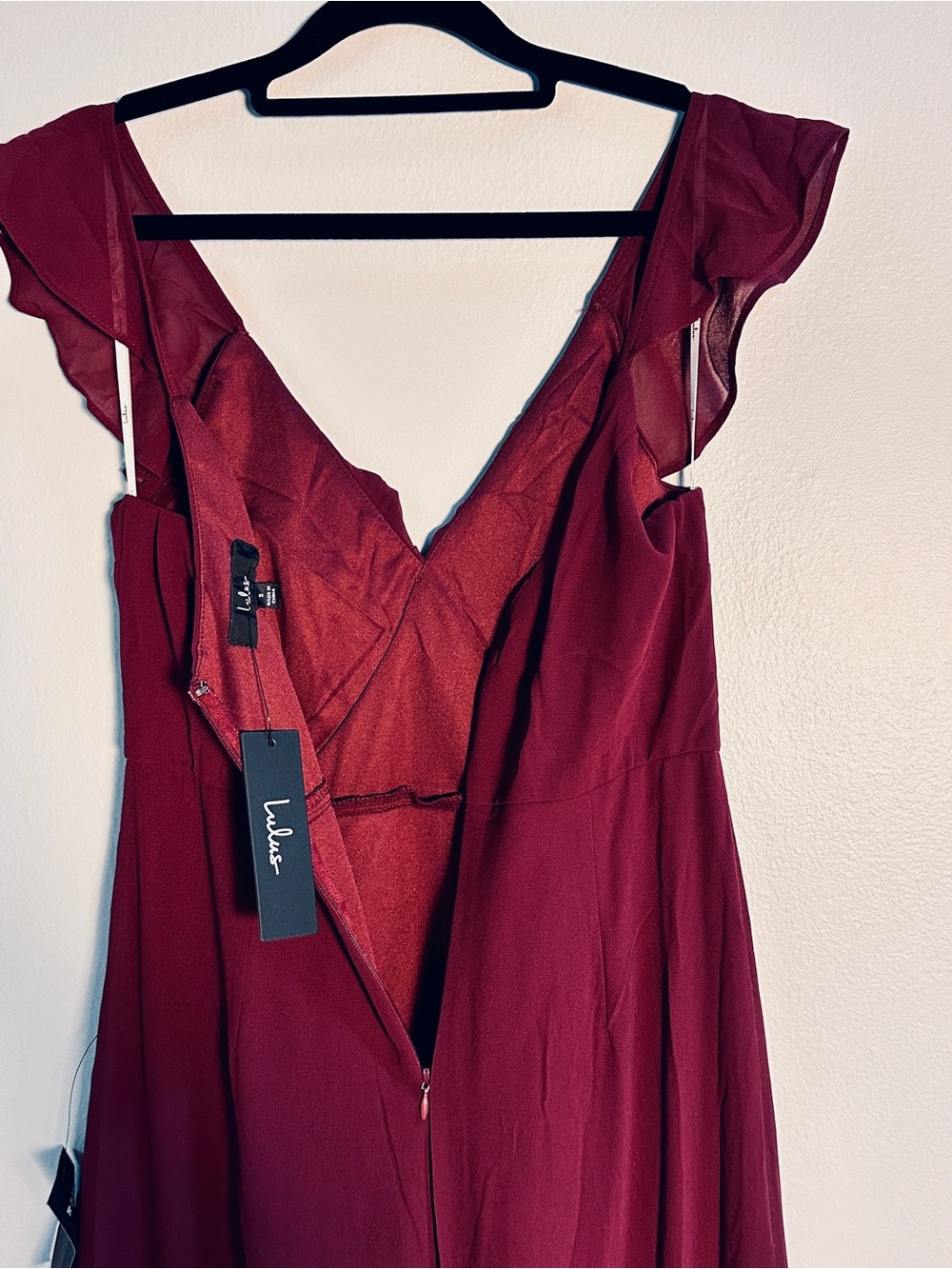 Lulu's Charming Event Burgundy Asymmetrical Ruffled Maxi Dress Small Wedding NWT - Picture 11 of 12